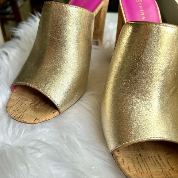 Trina Turk Gold Metallic Leather Cork Heel Mule Sandal Pink Sole - Picture 9 of 9